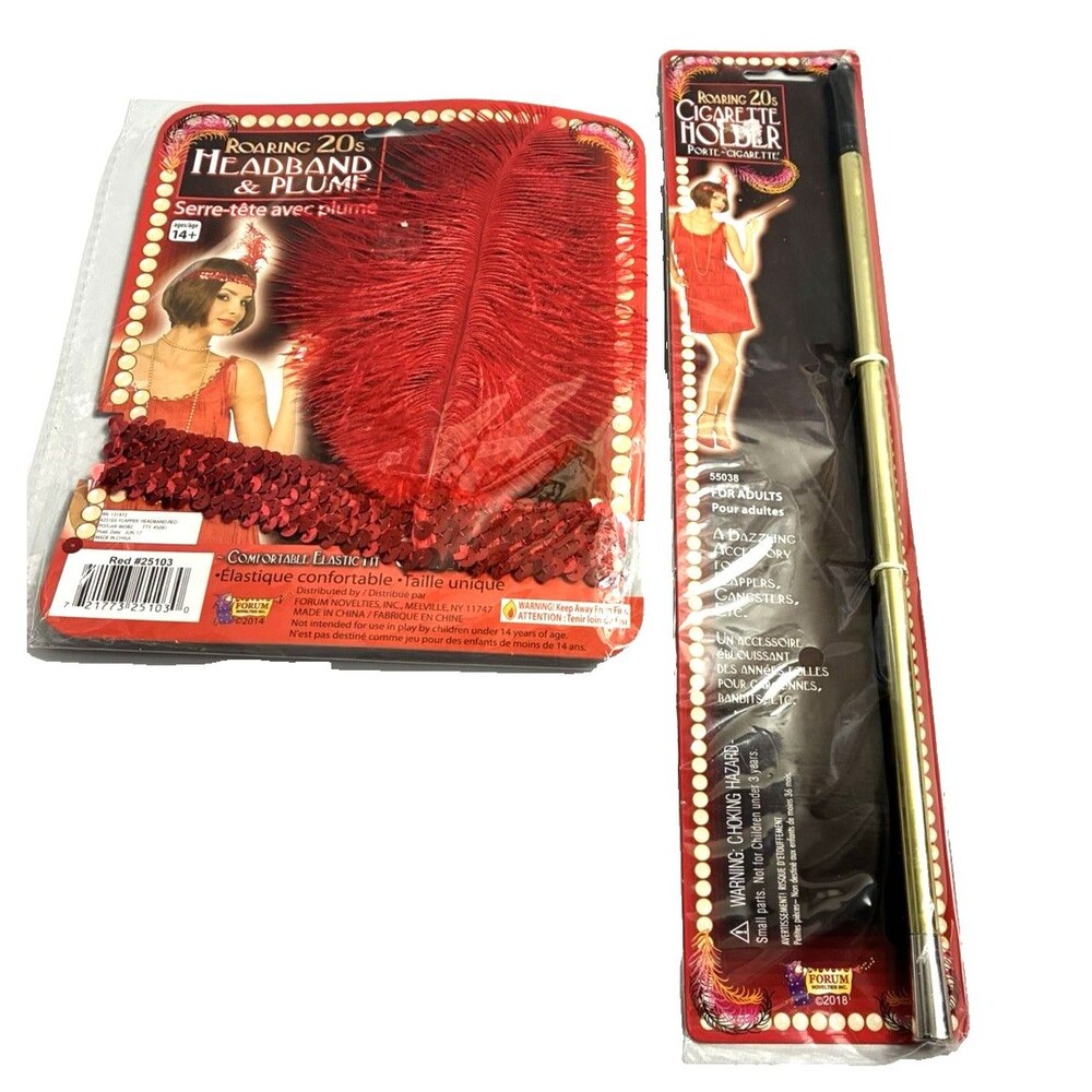 Roaring 20's Gold Costume Cigarette Holder and Red Headband with Plume Halloween